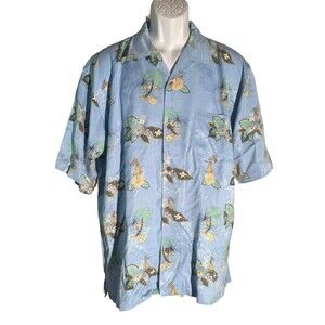 HAWAIIAN TROPIC Men's Short Sleeve Button Down Hula Girl Floral Shirt Blue Large